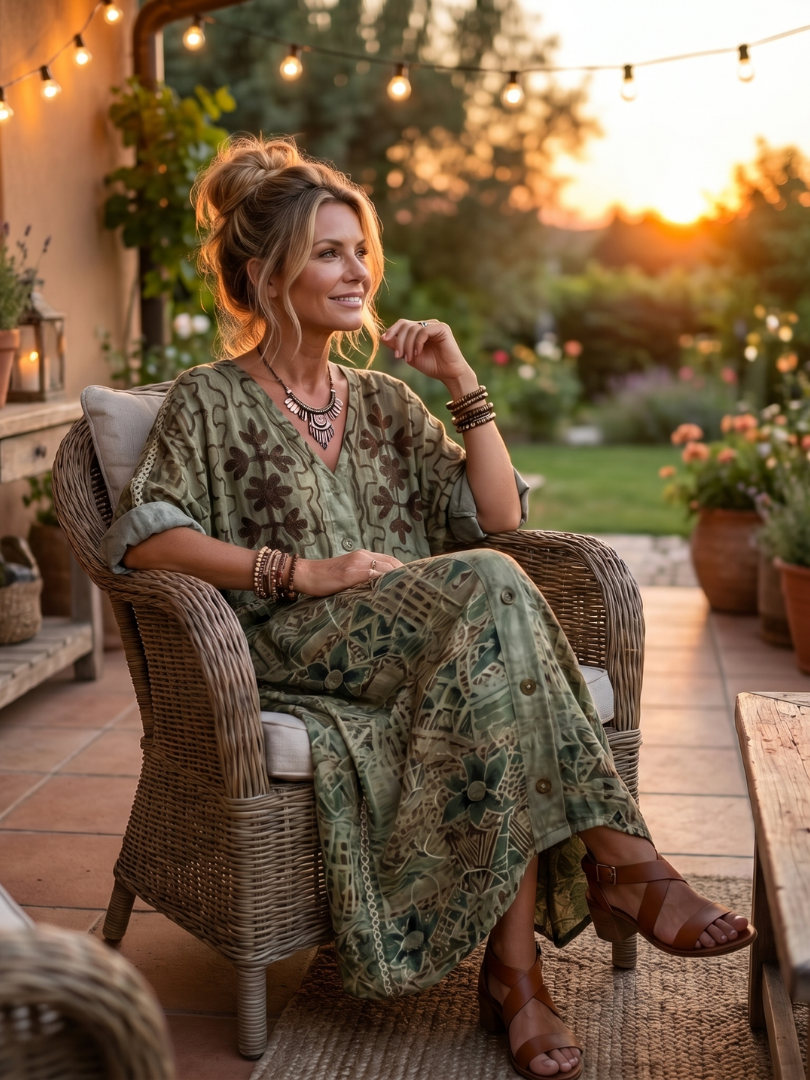 Aleta green midi dress worn in a garden chair at sunset