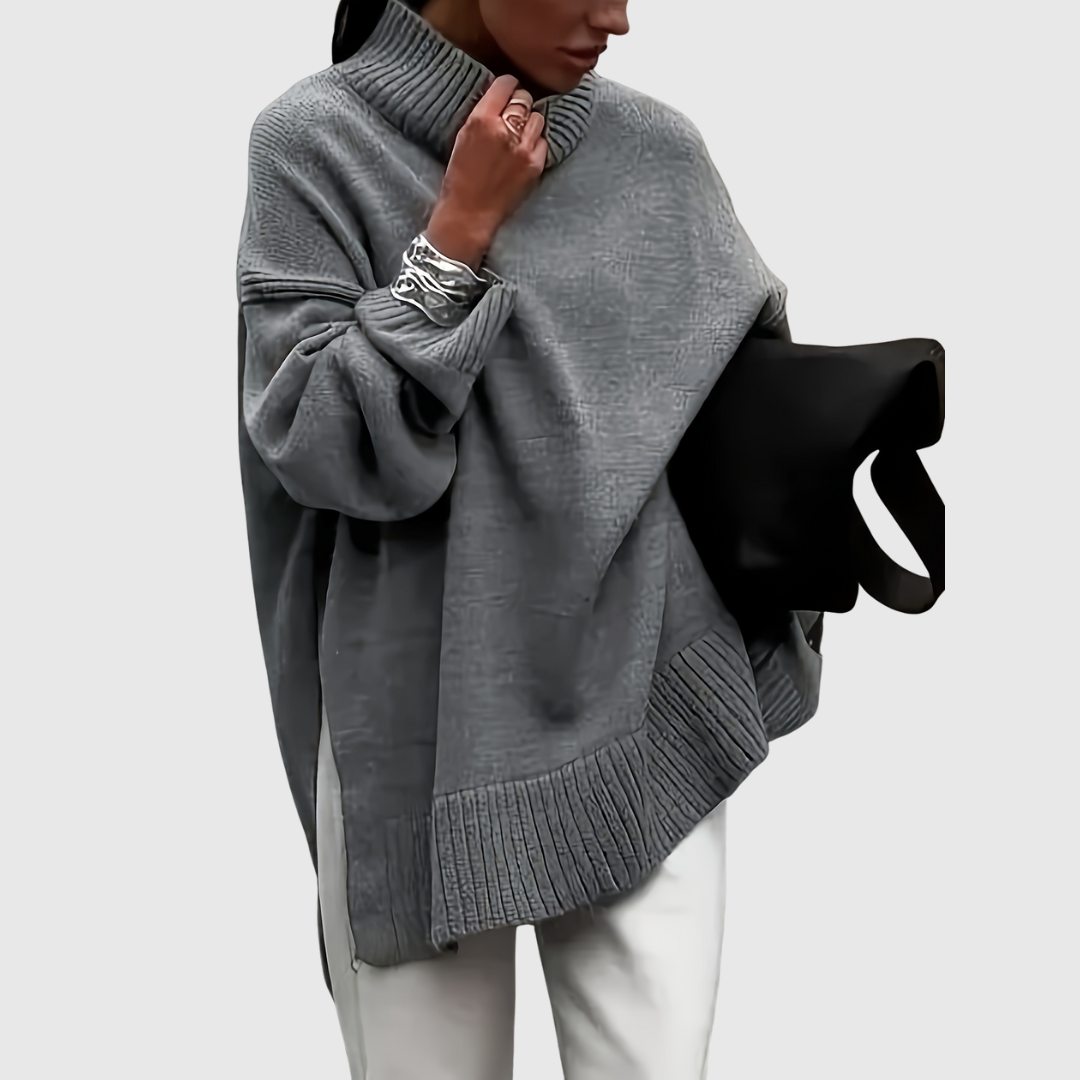 Victoria's oversized sweater in graphite grey, front view on model