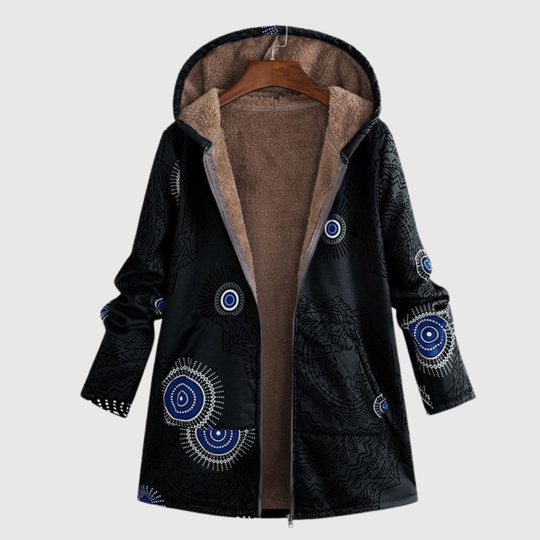 Willow warm hooded jacket in black geometric print, front view
