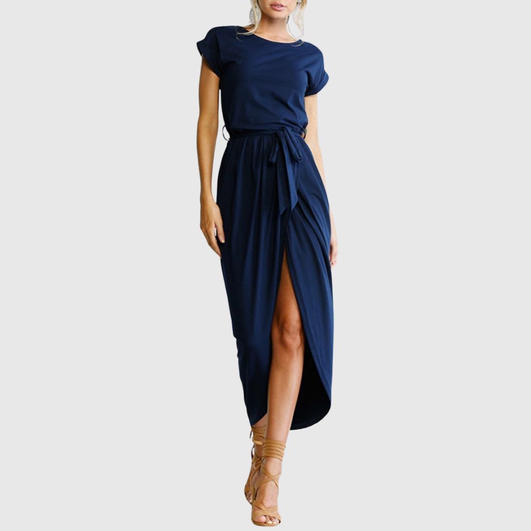Maelis casual midi dress in dark blue, showing wrap skirt slit