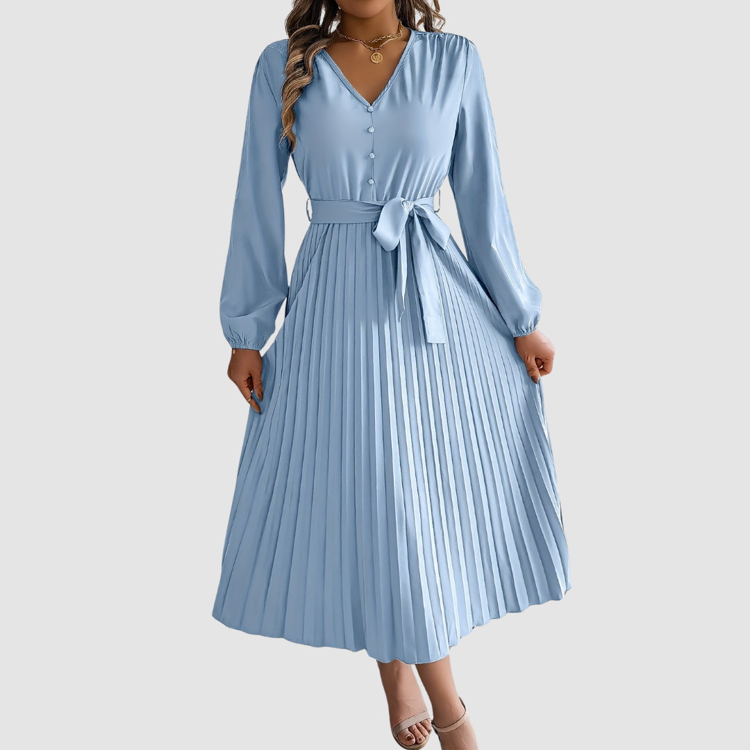 Celeste Bloom pleated midi dress in light blue, full-length front view