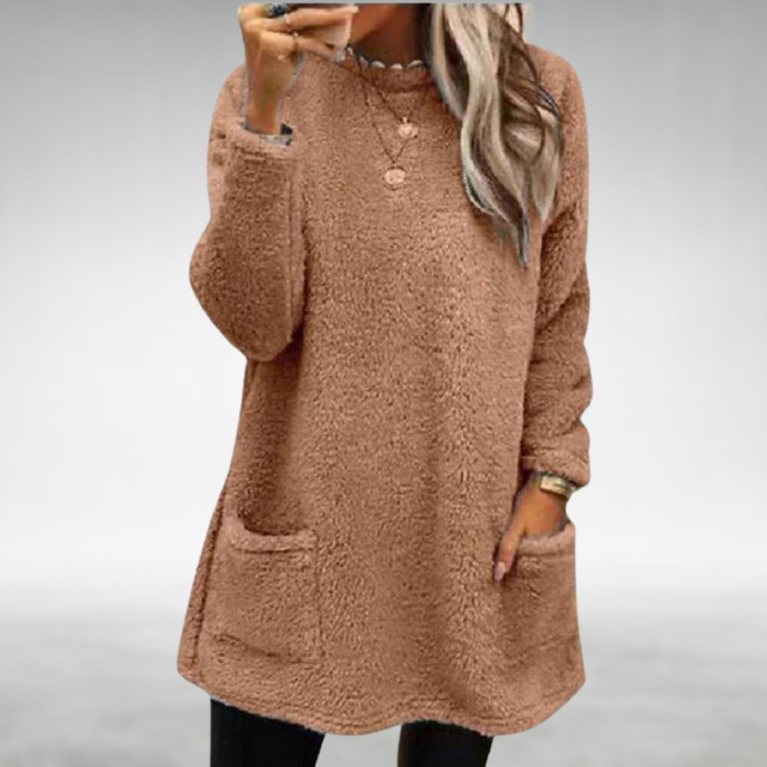 Odeline fleecy tunic pullover in khaki, front view