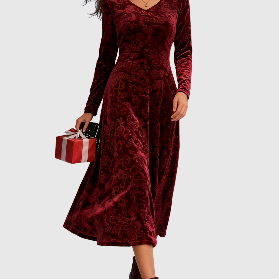 Grece velvet dress in red, close view of floral burnout pattern
