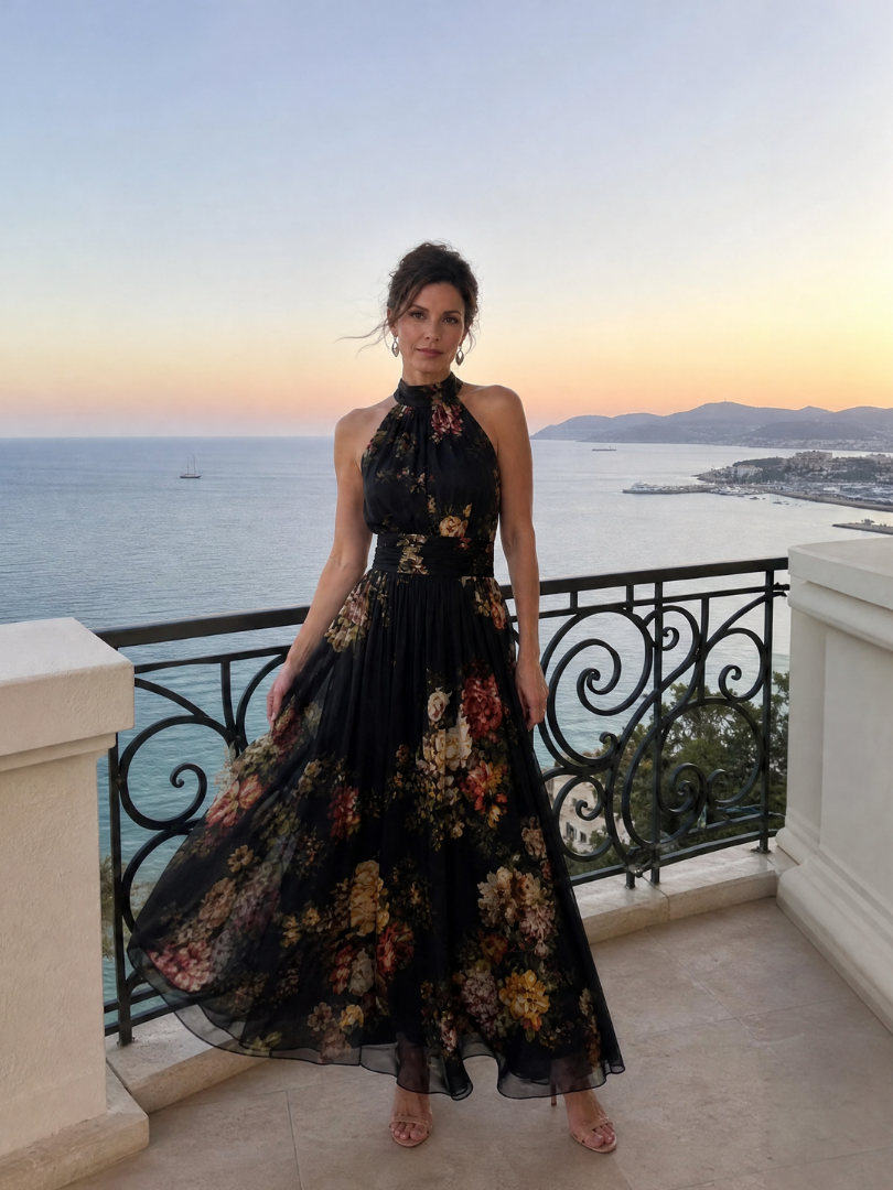 Sior floral midi dress in black, worn on a terrace at sunset