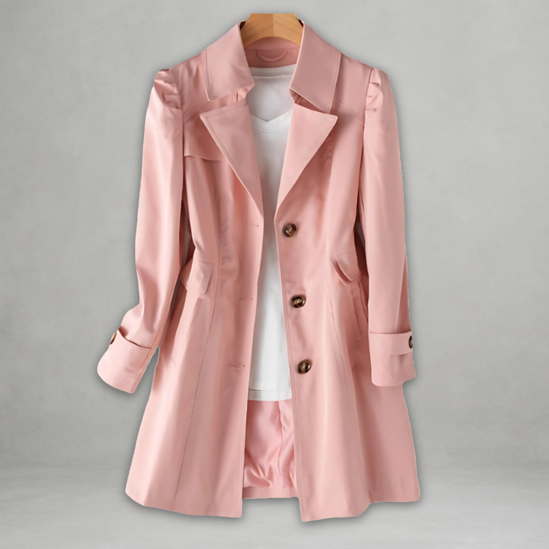 Clarisse trench coat in pink, front view with slanted pockets