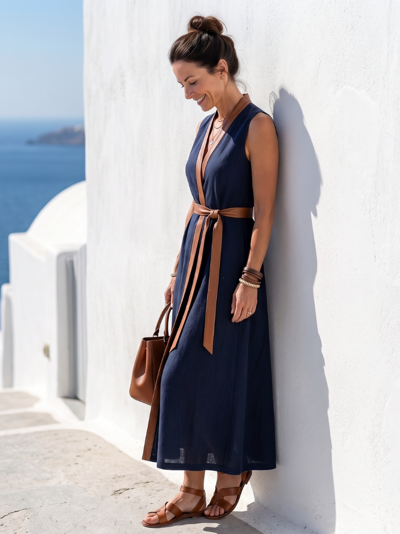 Myra contrast line midi dress in navy, side view leaning on wall