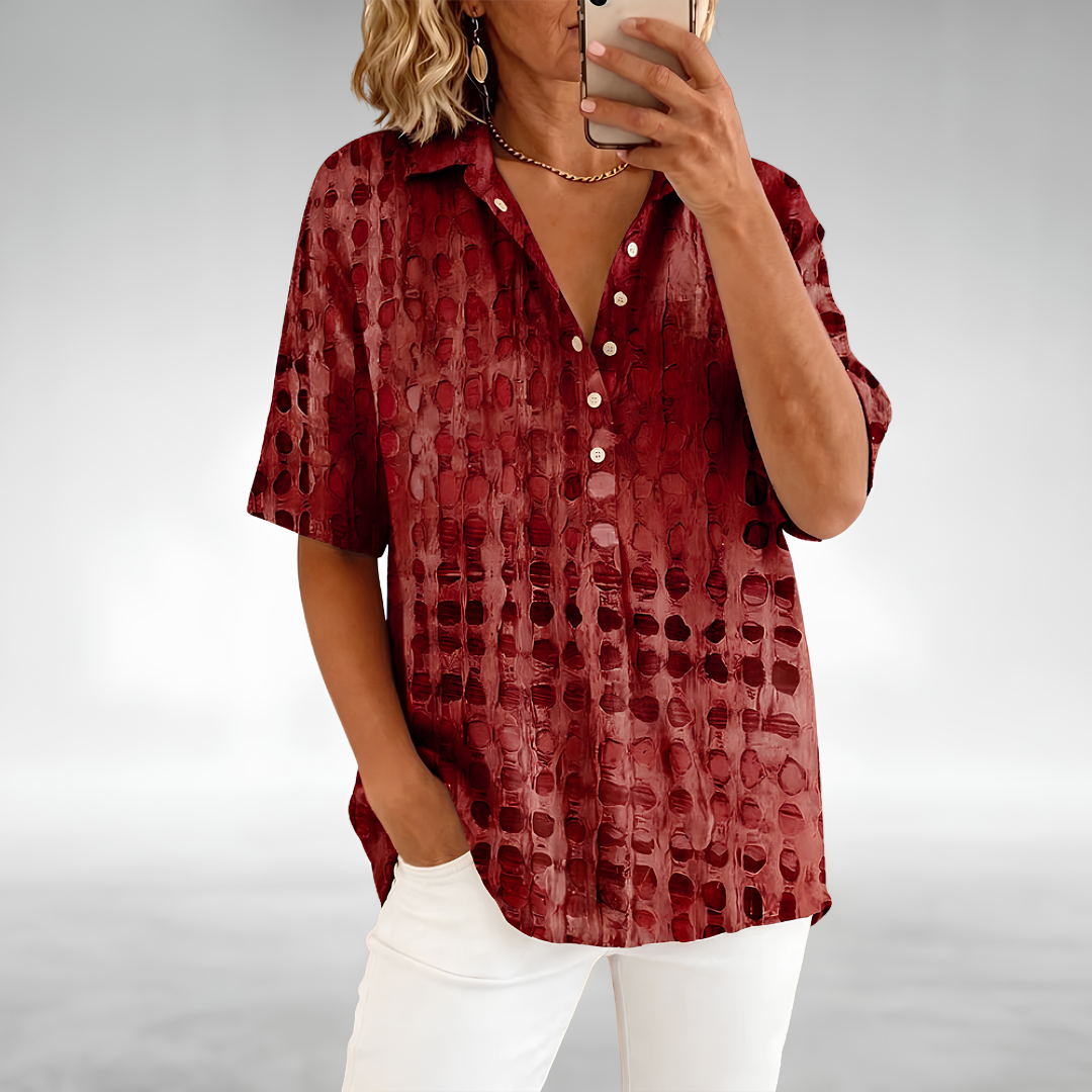 Melody relaxed comfort top in red, front view