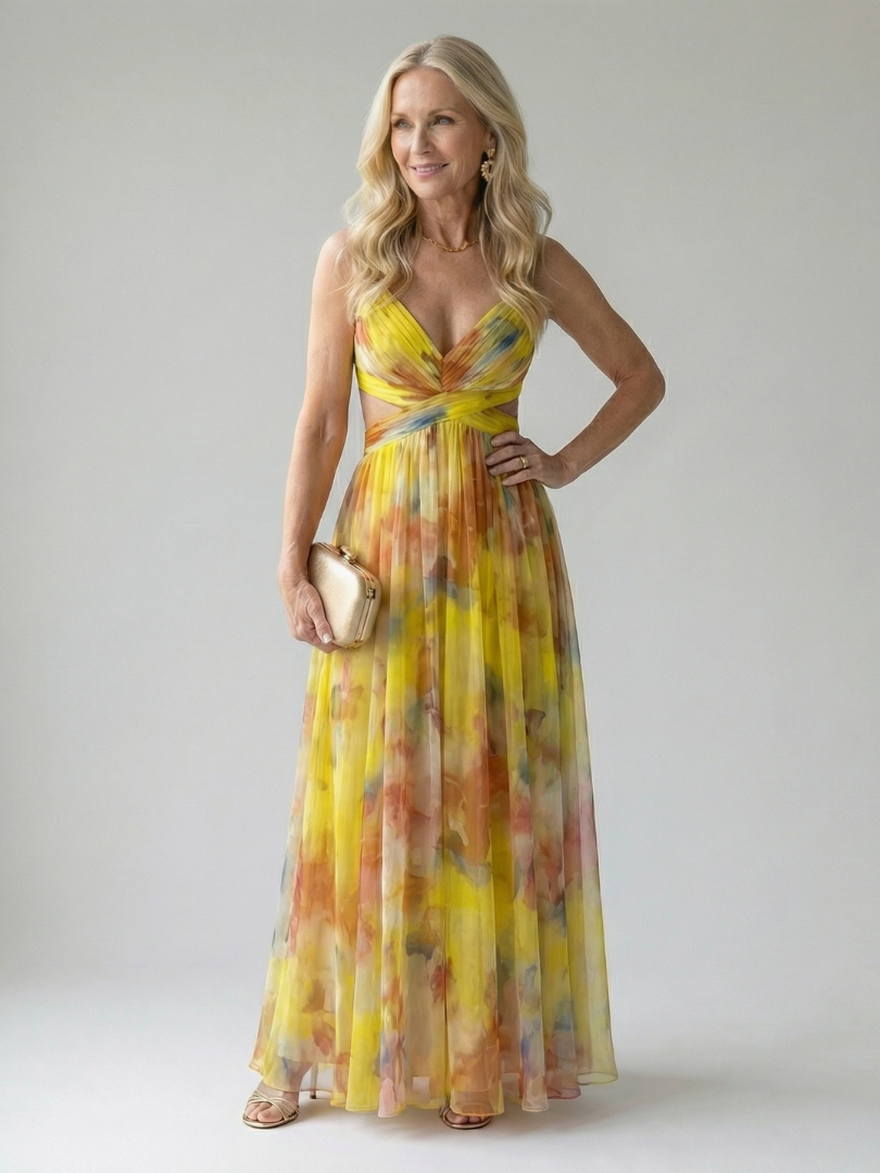 Isel soft wrap maxi dress in yellow, full-length front view