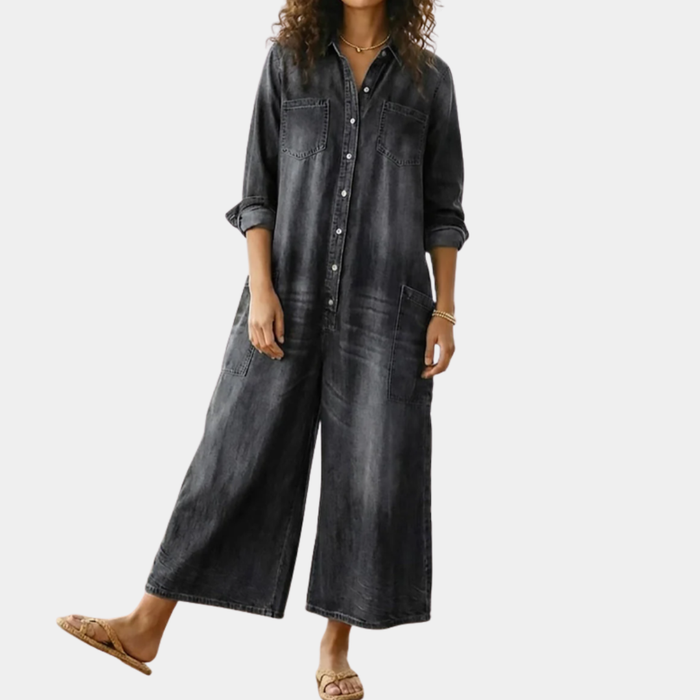 Diana vintage washed denim jumpsuit in black, full-length front view