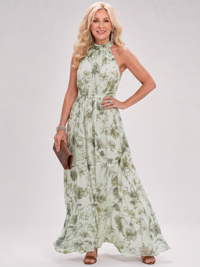 Guinevere floral print midi dress in green, full-length front view