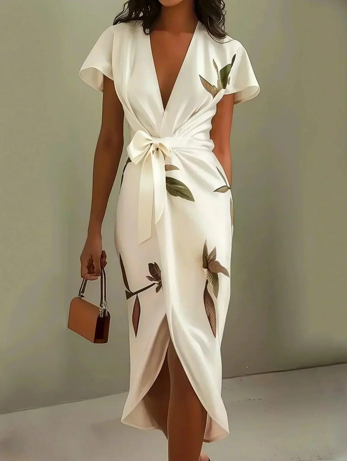 Amelia floral wrap dress in white, front view with tie bow