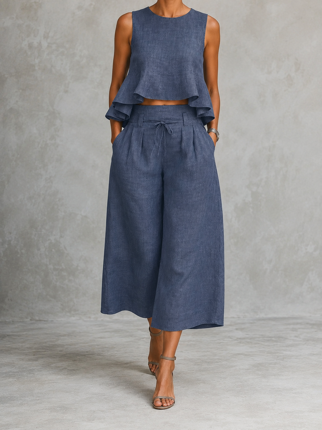 Freya two-piece ruffled set in navy blue, full-length front view