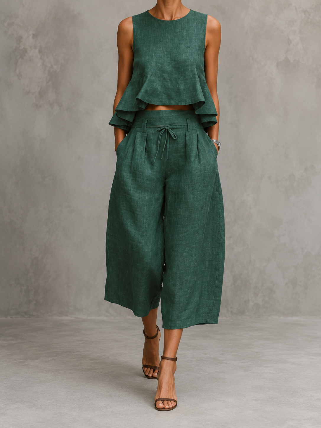 Freya two-piece ruffled set in green, full-length front view