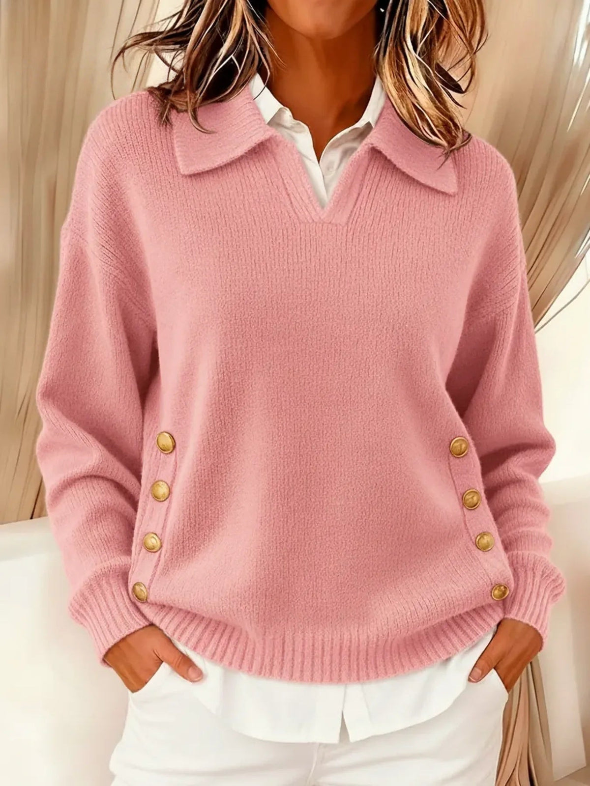 Vicenta polo-collar jumper in pink, front view with gold side buttons