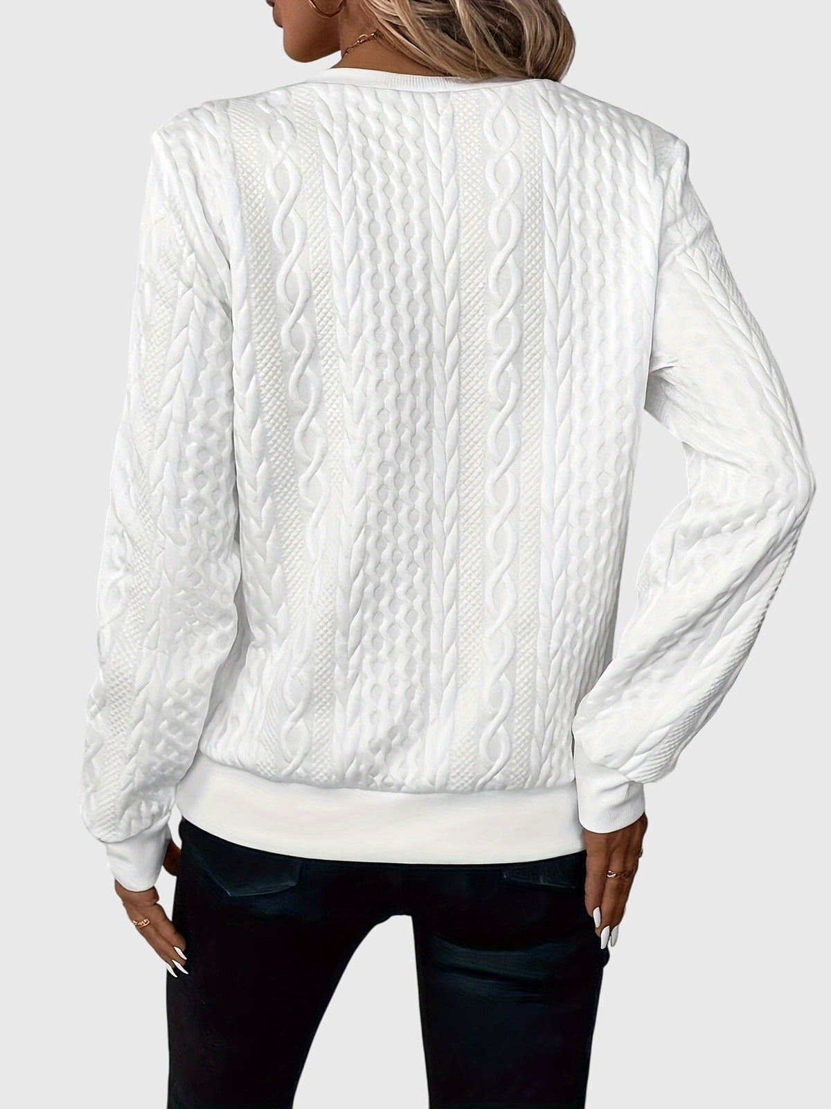 Nora textured zip sweater in white, back view with ribbed hem