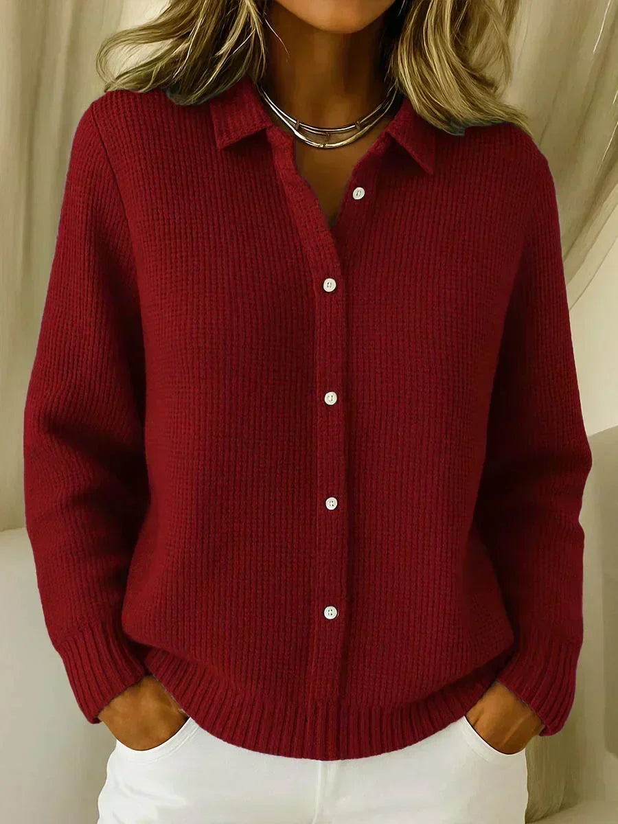 Carmela textured button-up cardigan in wine red, front view
