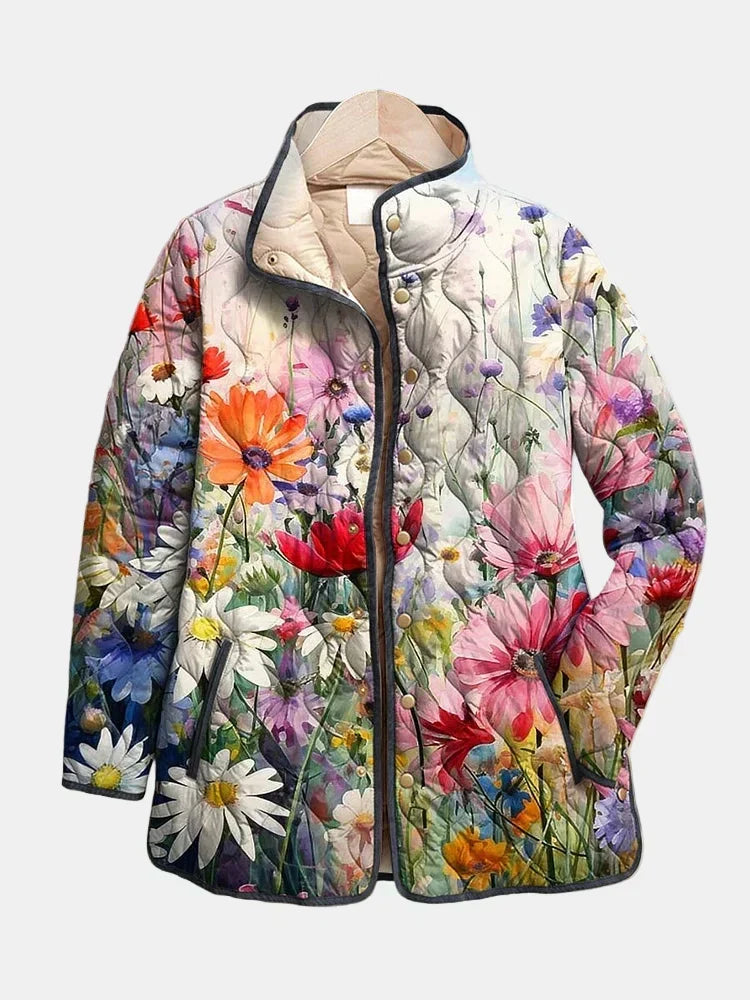 Kaia vintage floral print jacket in multicolour, front view with stand-up collar