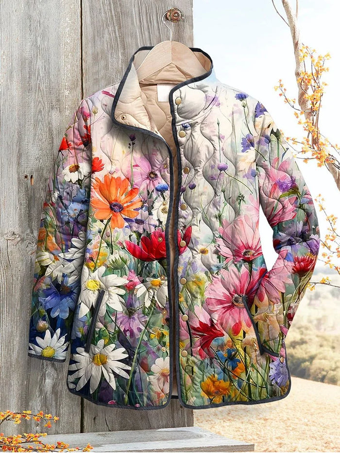 Vera quilted jacket in multicolour wildflower print, full front view