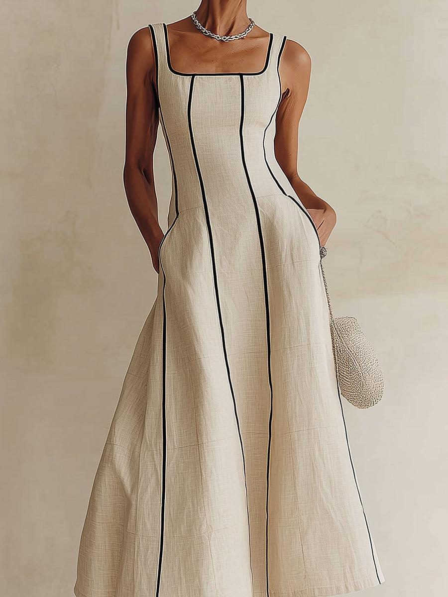 Camille maxi dress in off white, close view of square neckline and trim