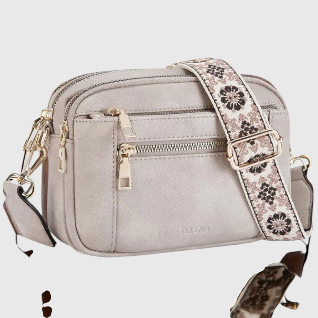 Dina shoulder bag in grey with floral strap, front view