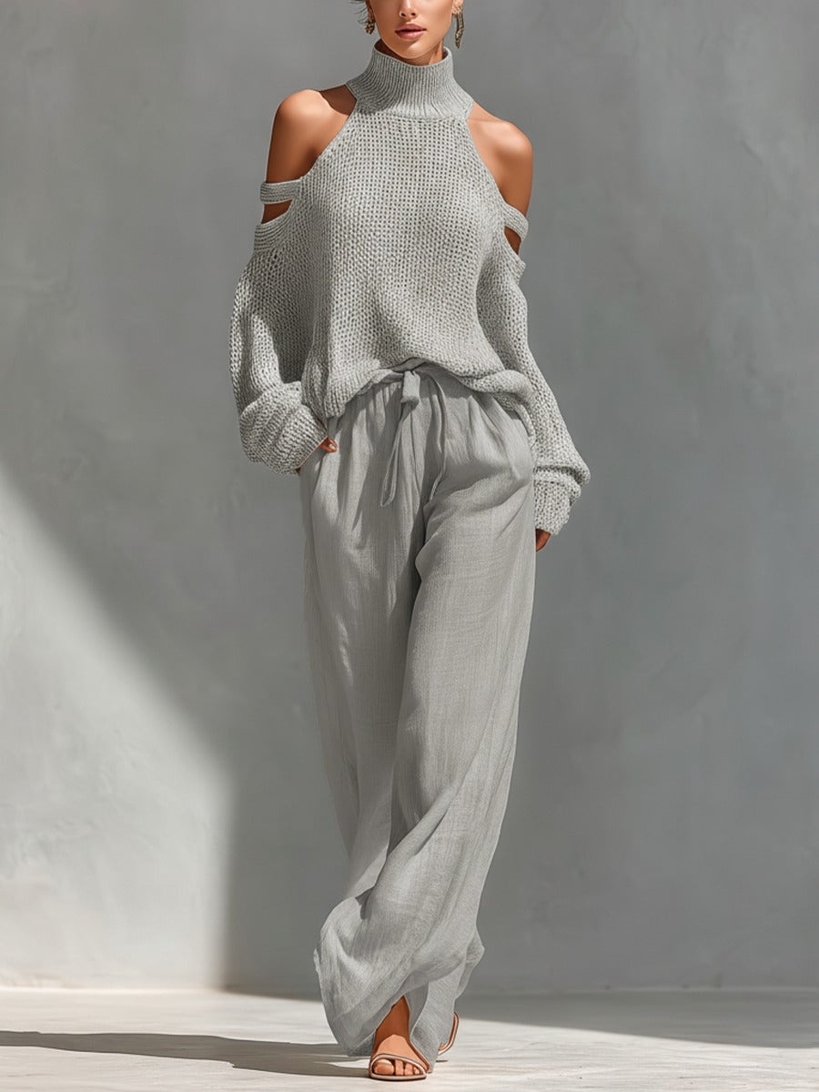 Alessia off-shoulder two-piece set in grey, full-length front view
