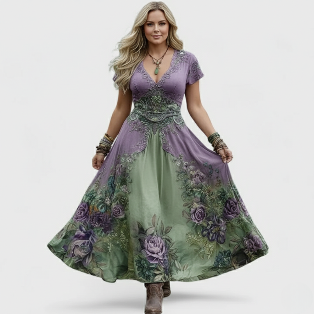 Sylvia embroidered maxi dress in purple and green, front view with skirt held