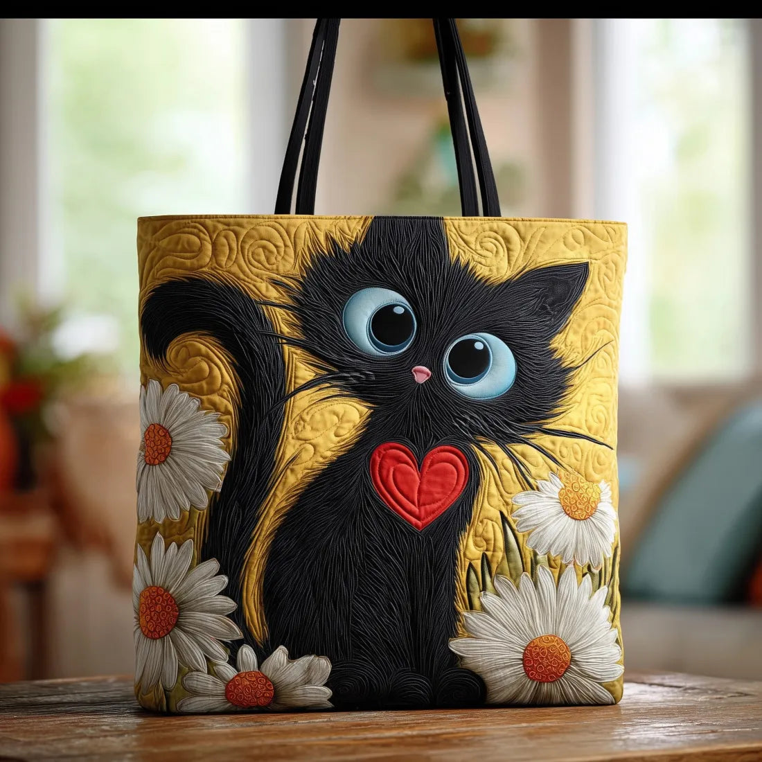 Handcrafted quilted tote bag with black cat and daisies print in yellow, front view