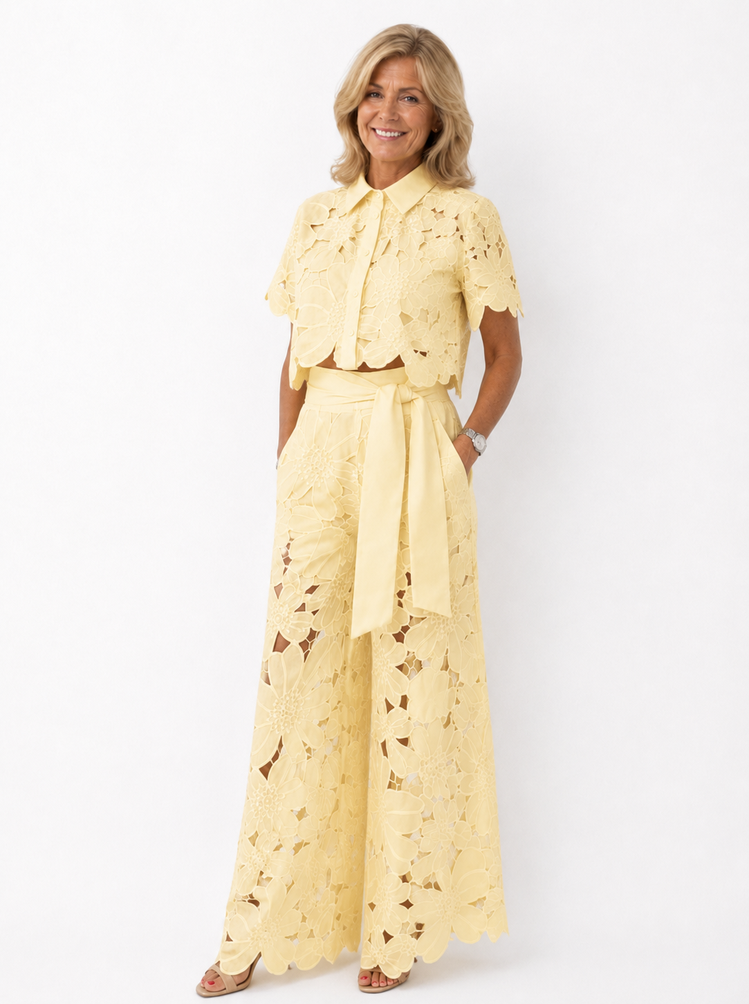 Isabela two-piece lace set in honey yellow, full-length front view
