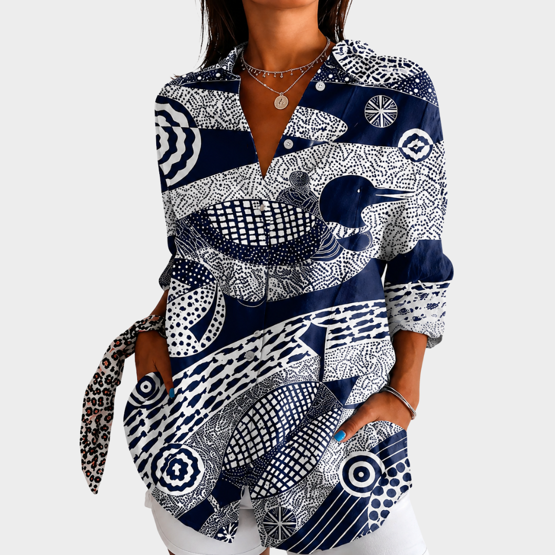 Coastal Mosaic blouse in navy and white print, front view worn with white shorts