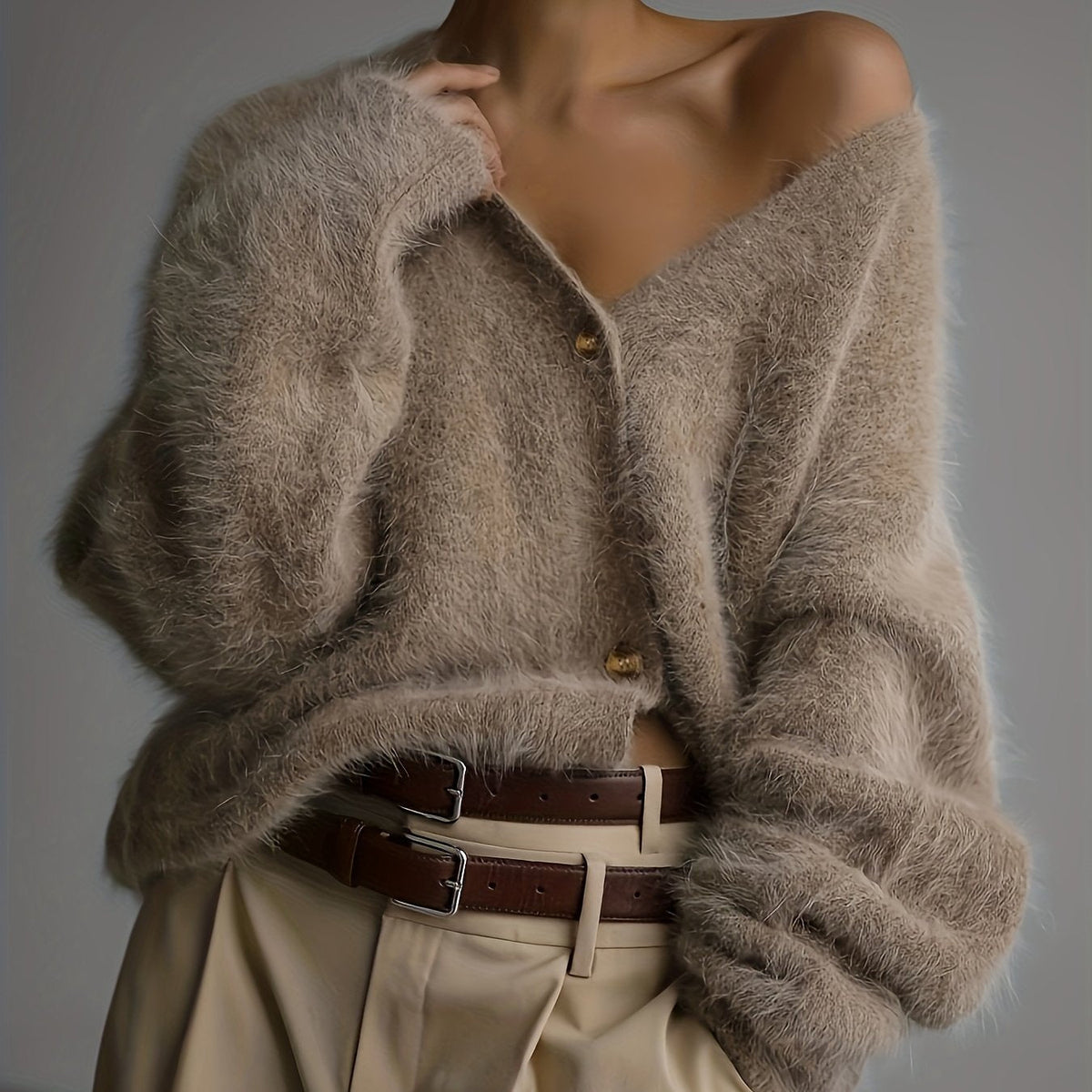 Seriavi cardigan in coffee, close-up of buttons and fluffy knit