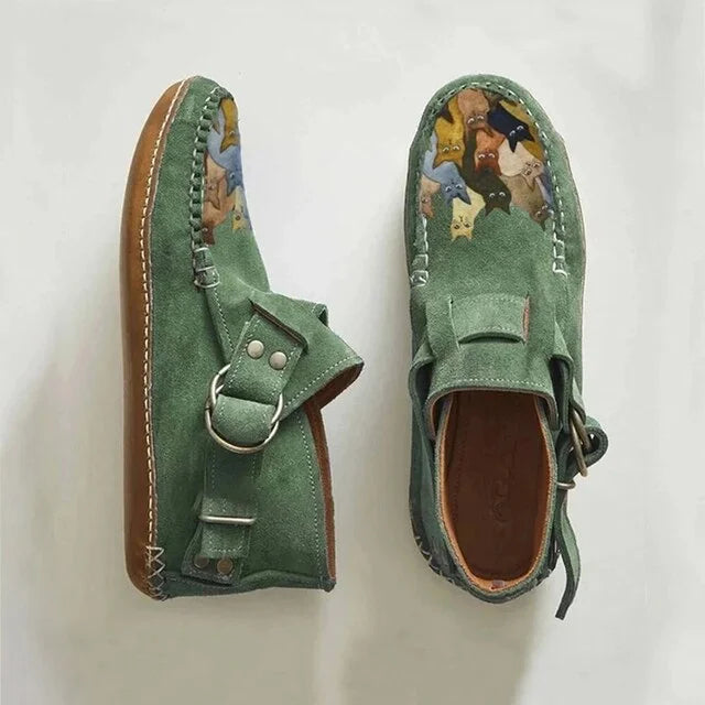 Euphemia casual shoes in green with buckle strap, top view