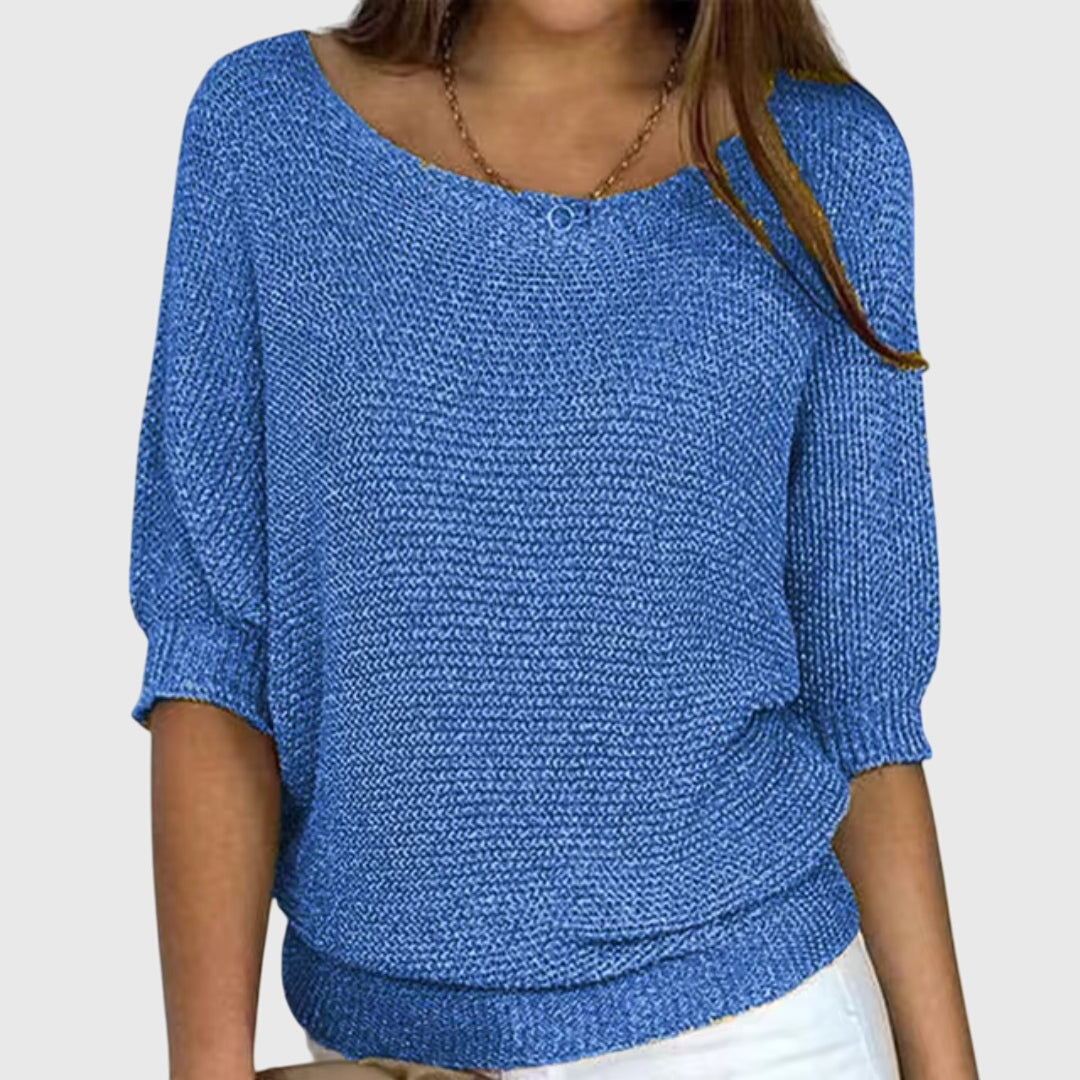 Sofia elegant knit sweater in blue, front view