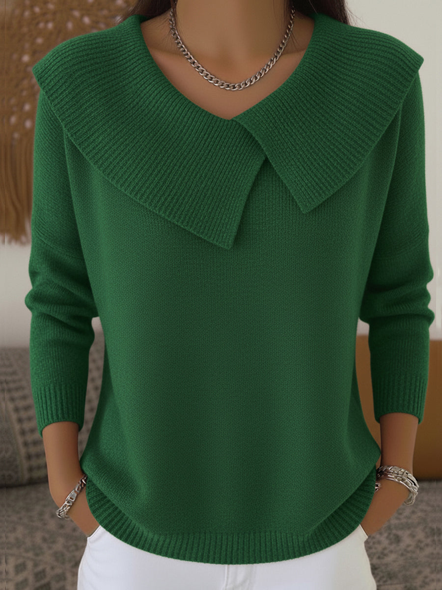 Soledad warm roll-neck jumper in green, front view with folded collar