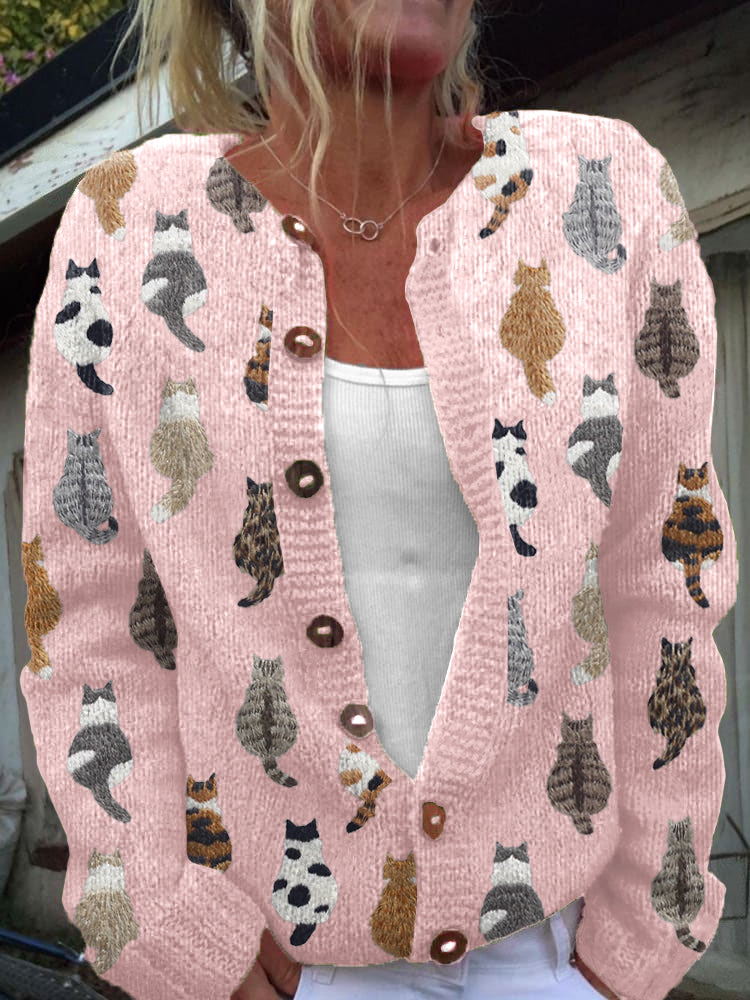 Charlotte cat print cardigan in pink, front view on model