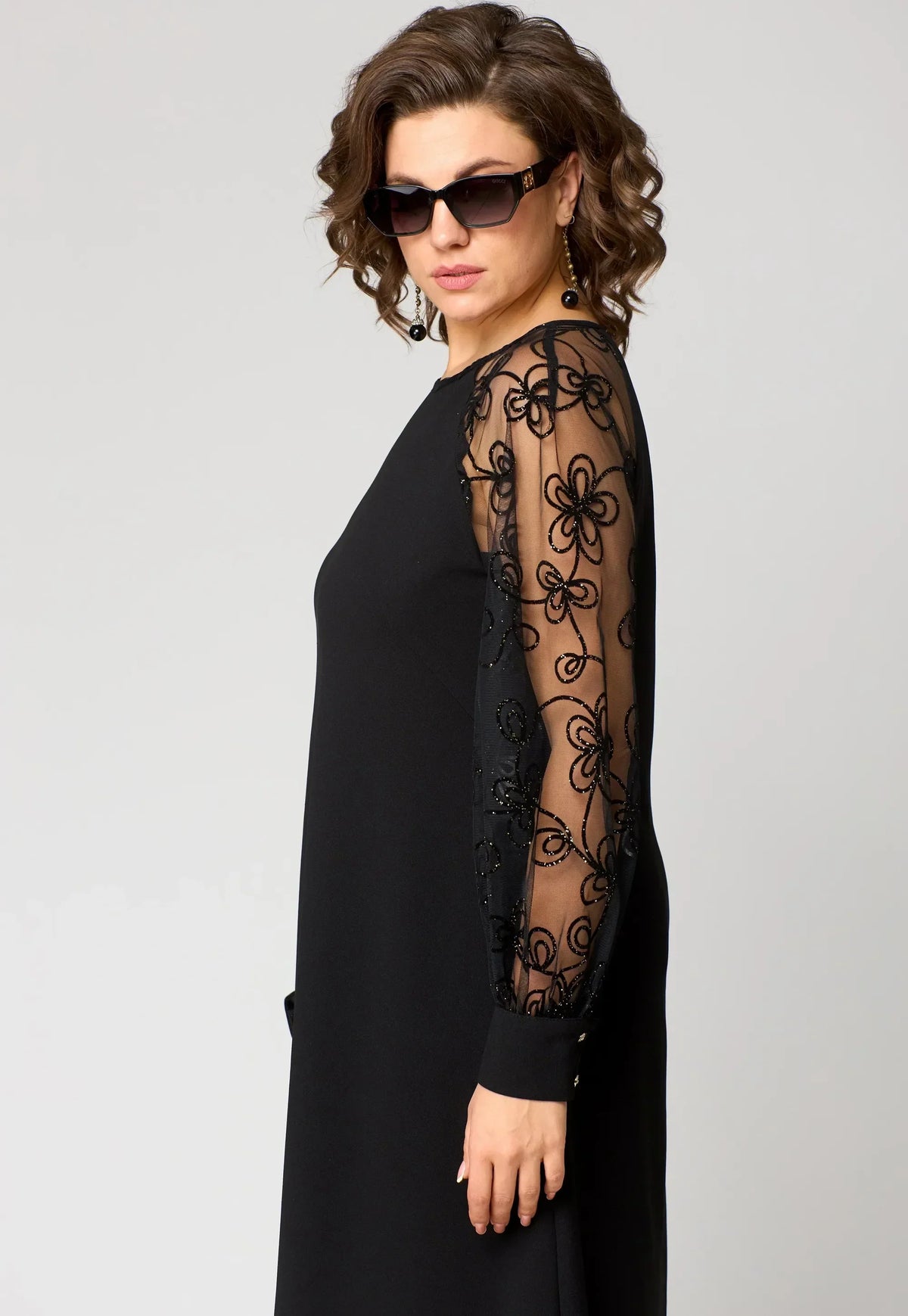 Edris lace dress in black, side detail of floral mesh sleeve