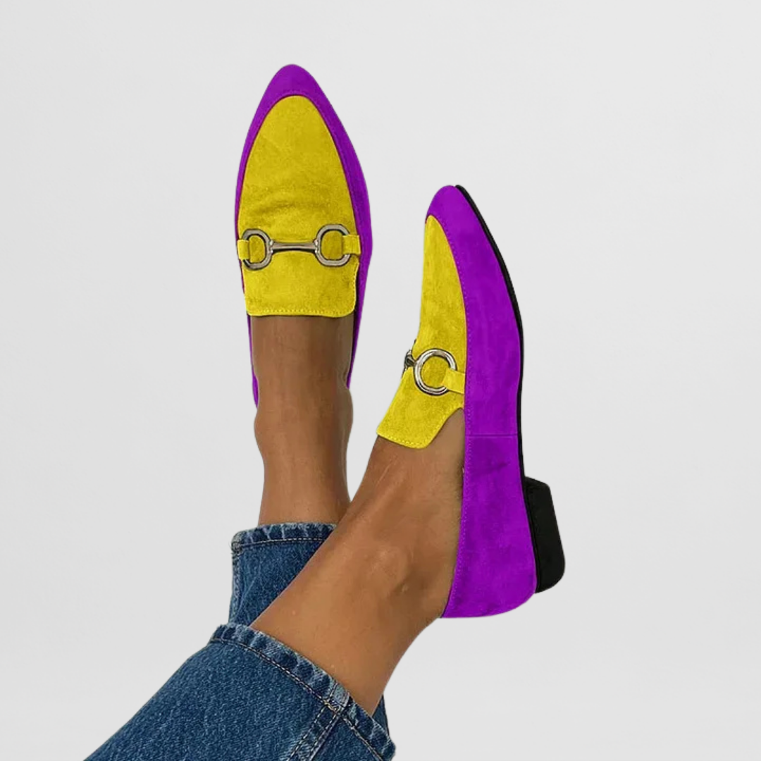 Florence two-tone loafers in yellow and lilac, worn close-up view