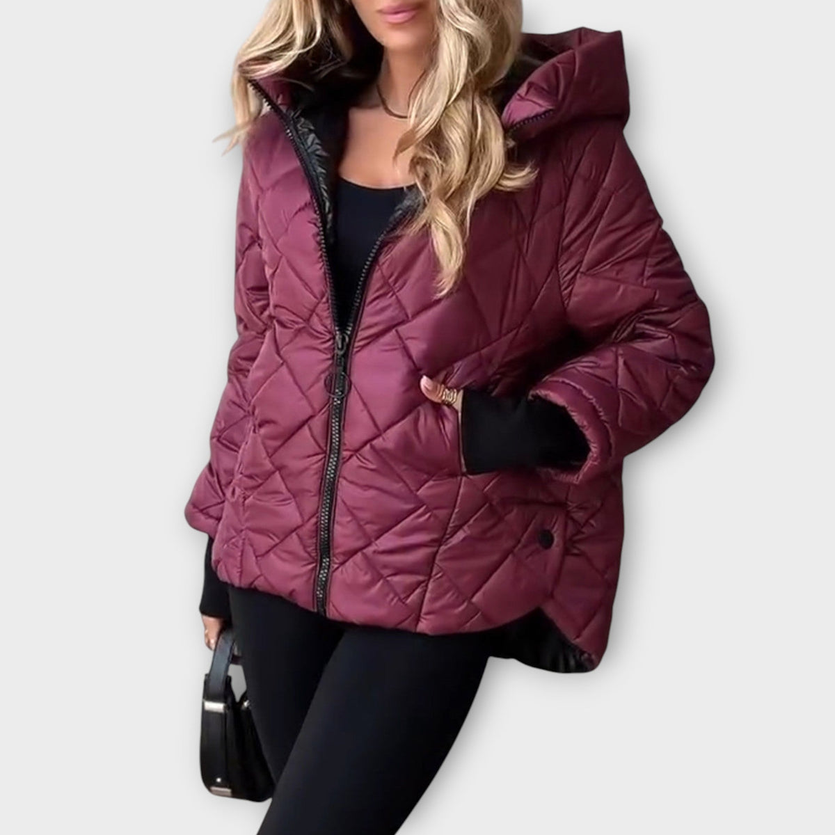Winola hooded quilted jacket in wine red, side view with hood up