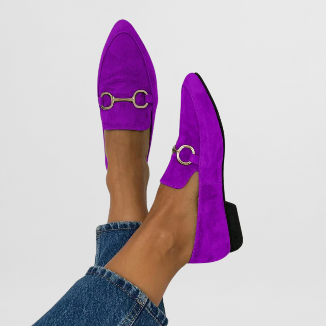 Florence pointed loafers in lilac with silver buckle, worn close-up view