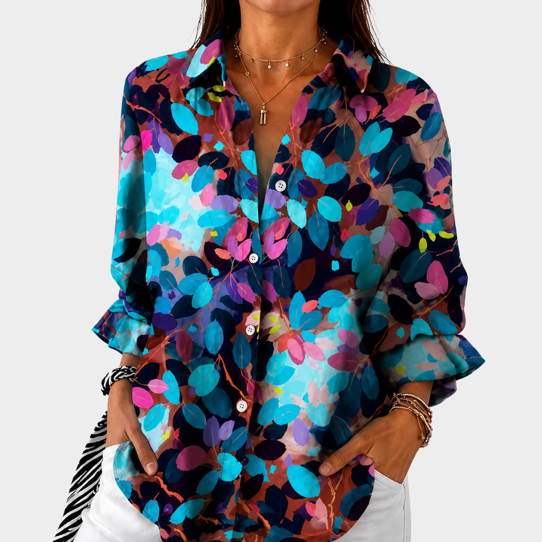 Twilight Garden blouse in multicoloured leaf print, front view worn with white trousers