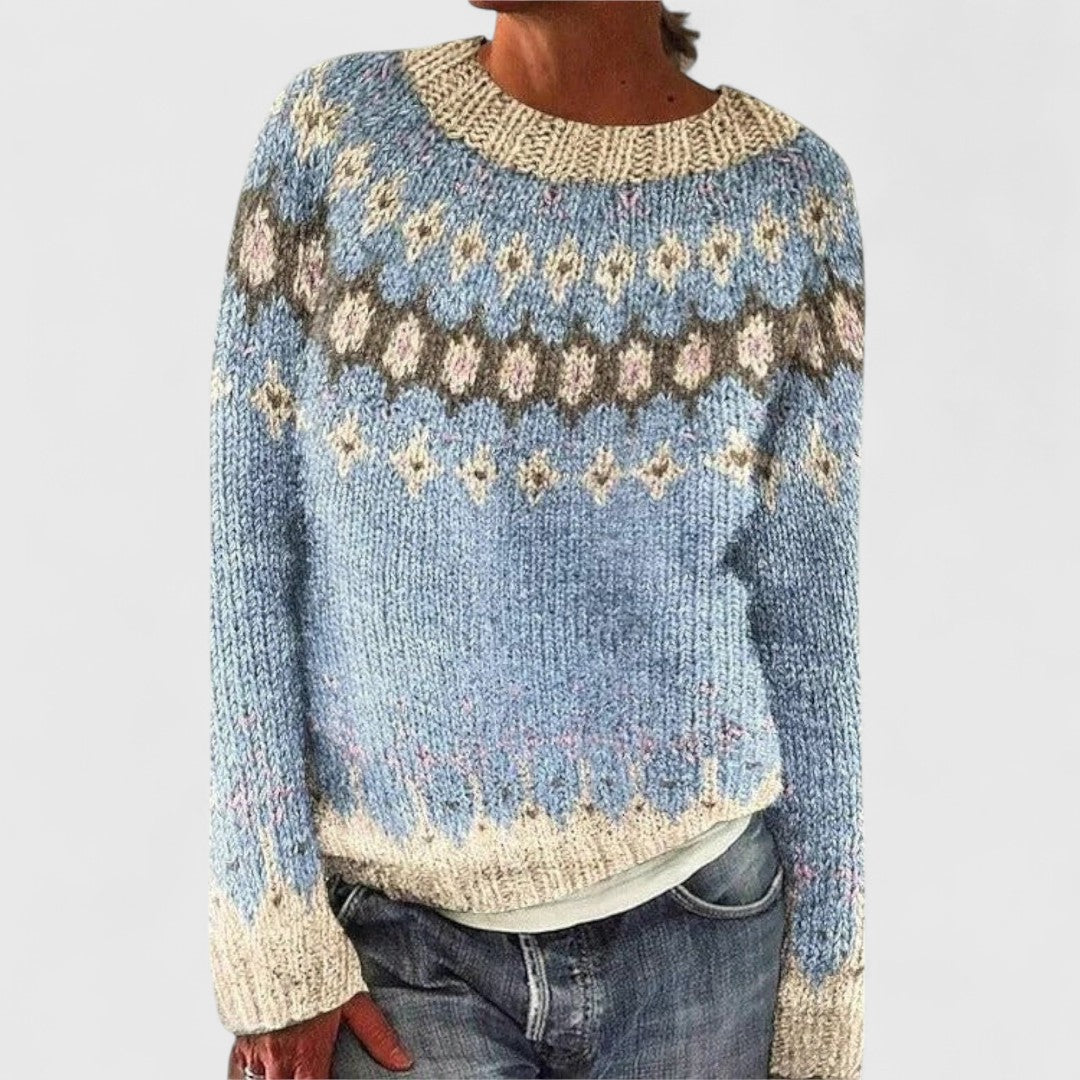 Christine retro Scandinavian knitted sweater in light blue with Nordic yoke pattern, front view