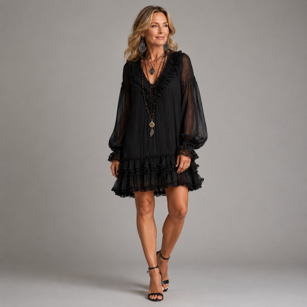 Oriella ruffled mini dress in black, full front view