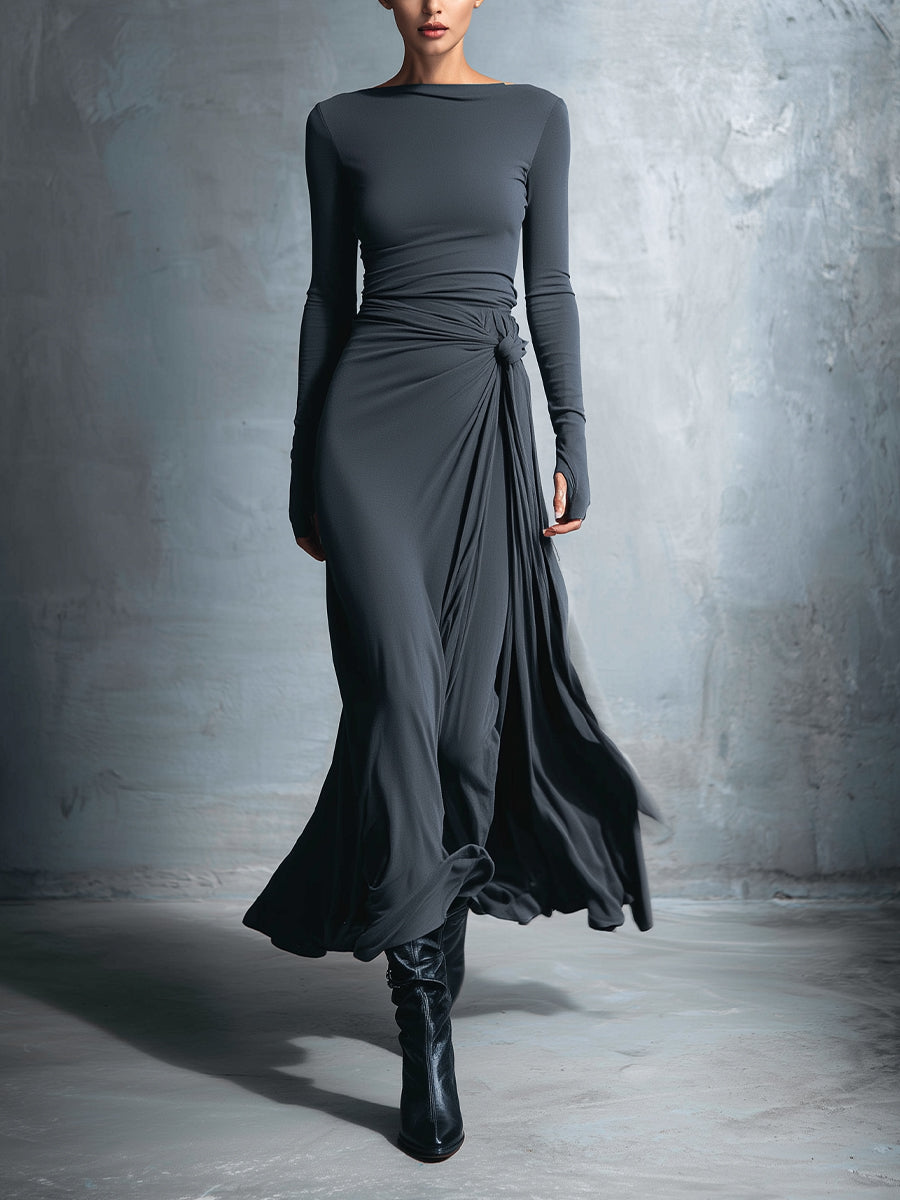Yasmina maxi dress in grey, front view showing draped skirt