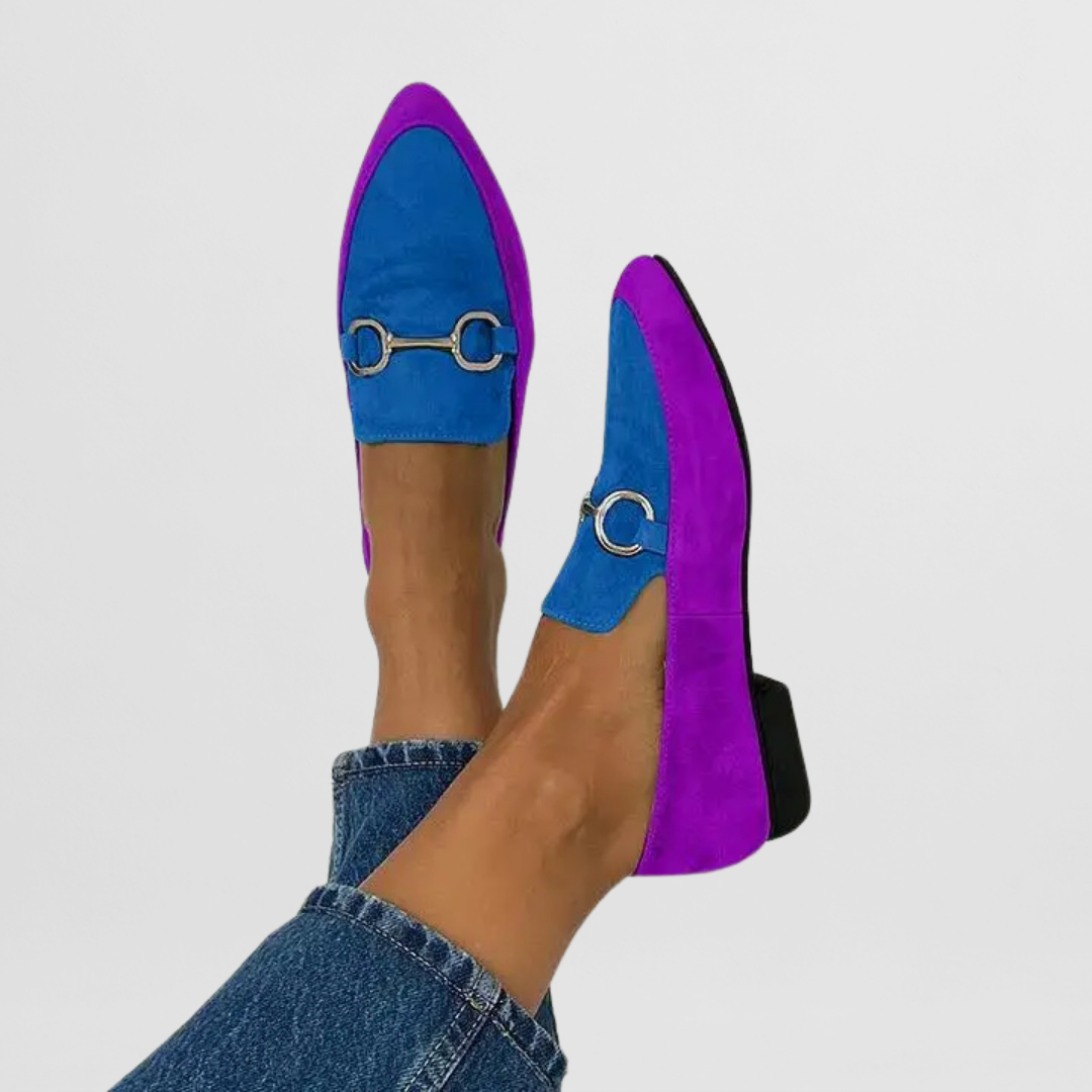 Florence two-tone loafers in blue and lilac, worn close-up view