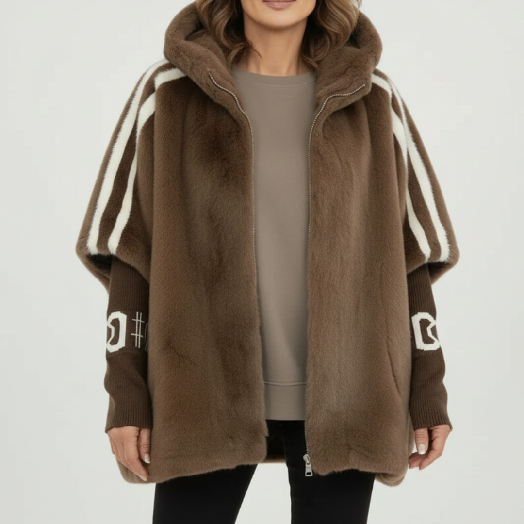 Brinley hooded teddy jacket in brown, front view worn open
