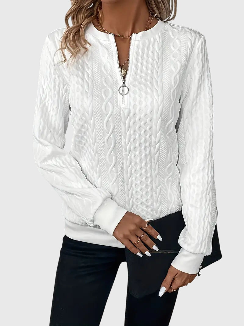 Nora textured zip sweater in white, three-quarter front view