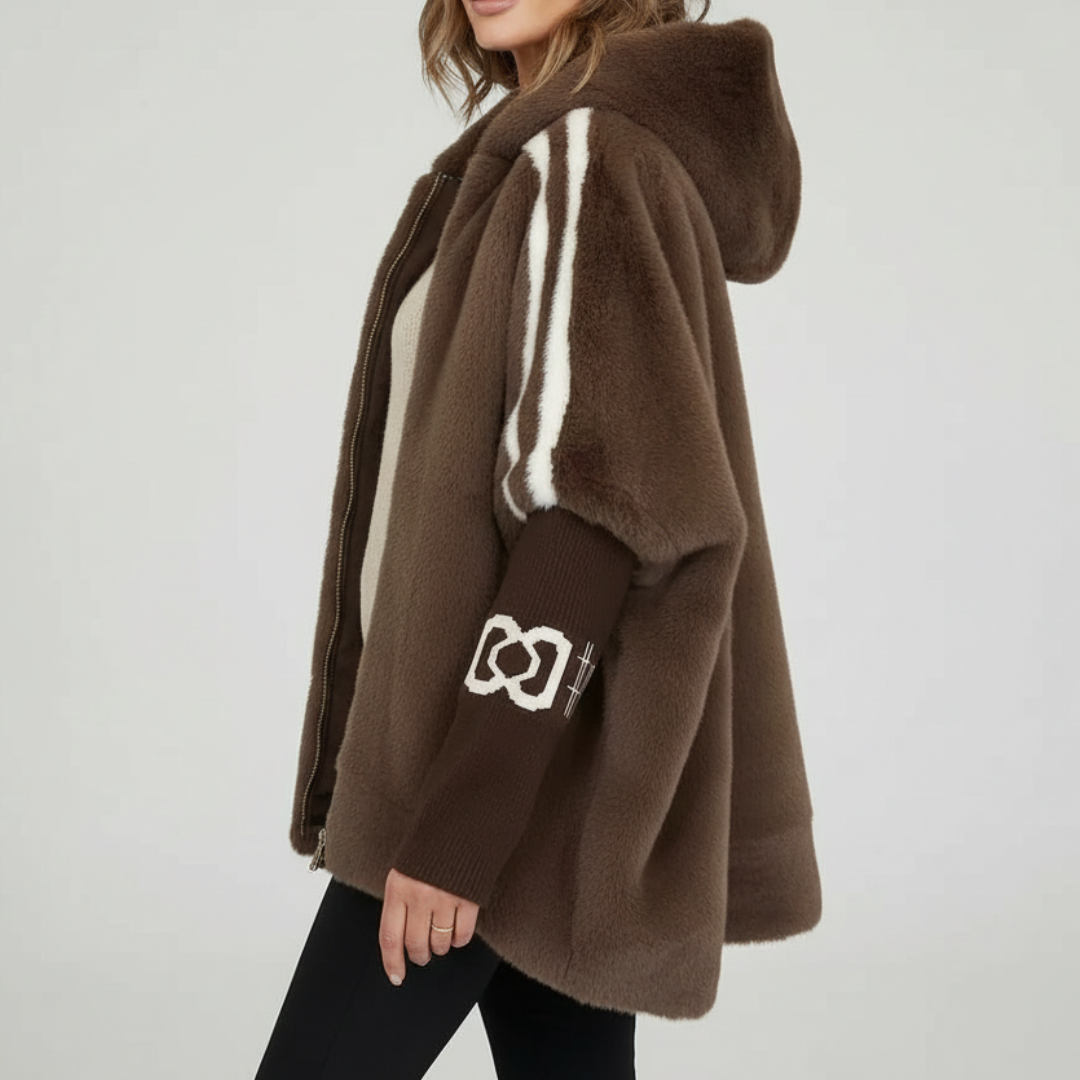 Brinley hooded teddy jacket in brown, side view showing sleeve stripes