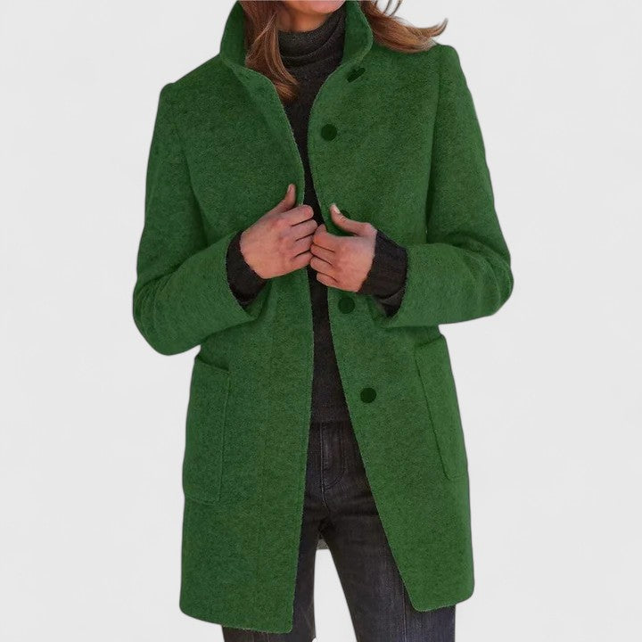 Harriette elegant coat in dark green, full front view