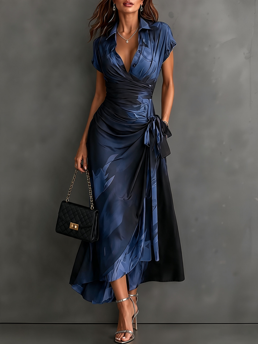 Camilla blue abstract print midi wrap dress, full-length front view