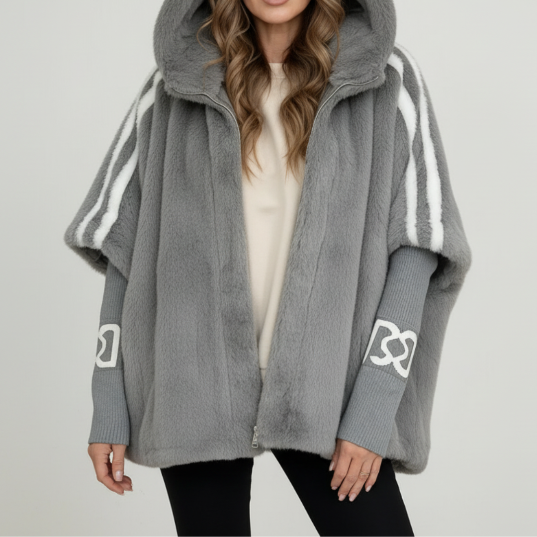 Brinley hooded teddy jacket in grey, front view with hood up collar