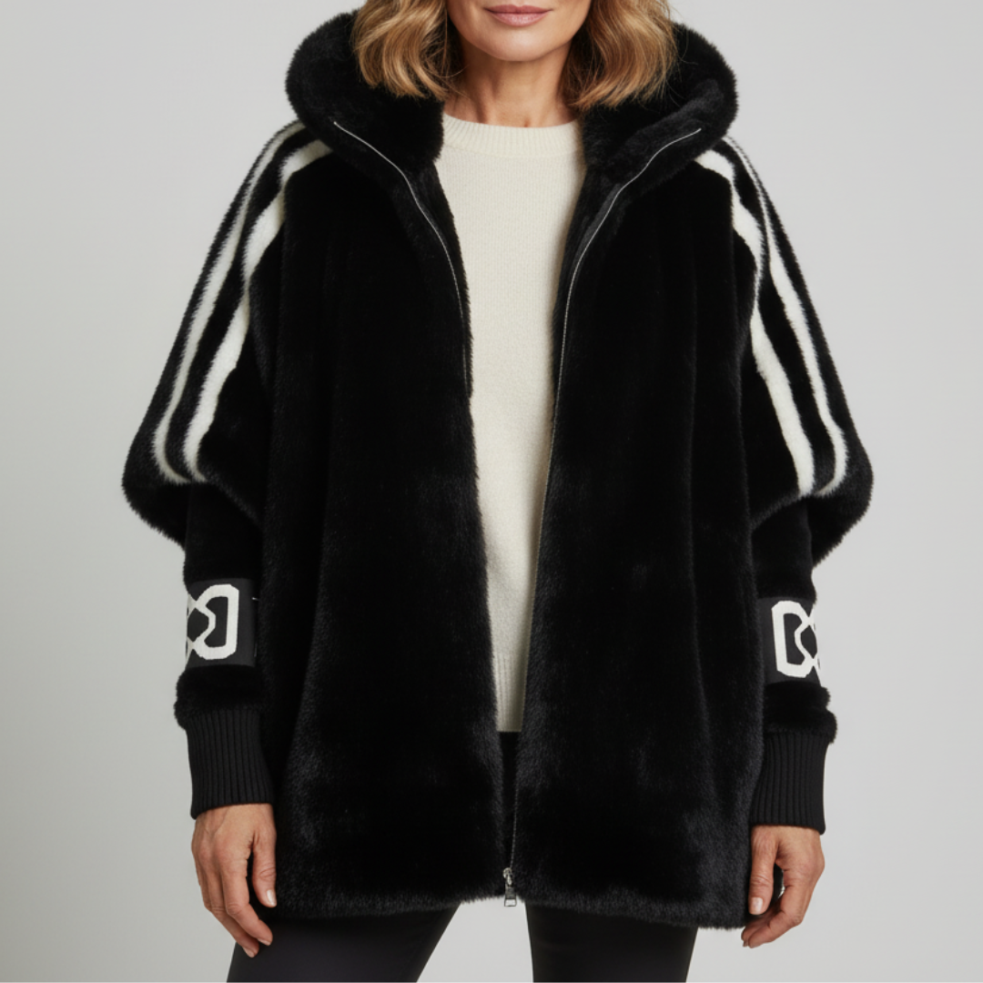 Brinley hooded teddy jacket in black with white sleeve stripes, front view